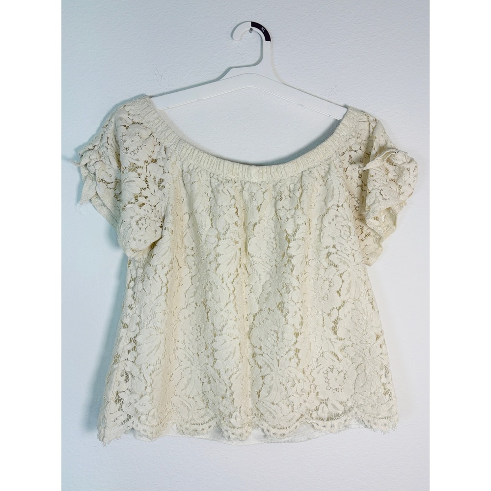 Liberty Love Cream Lace Off The Shoulder Top Short Sleeve Bow Detail Ivory Large